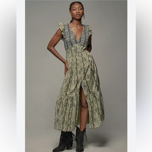 By Anthropologie The Pelegrine Midi Dress in Green Size XL